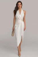Load image into Gallery viewer, White Halter Neck Chiffon Bodycon Midi Engagement Dress with Slit