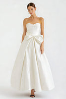 Load image into Gallery viewer, White Satin A Line Long Sweetheart Engagement Dress with Bow