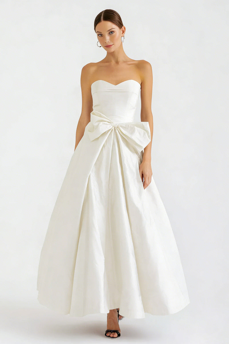 Load image into Gallery viewer, White Satin A Line Long Sweetheart Engagement Dress with Bow