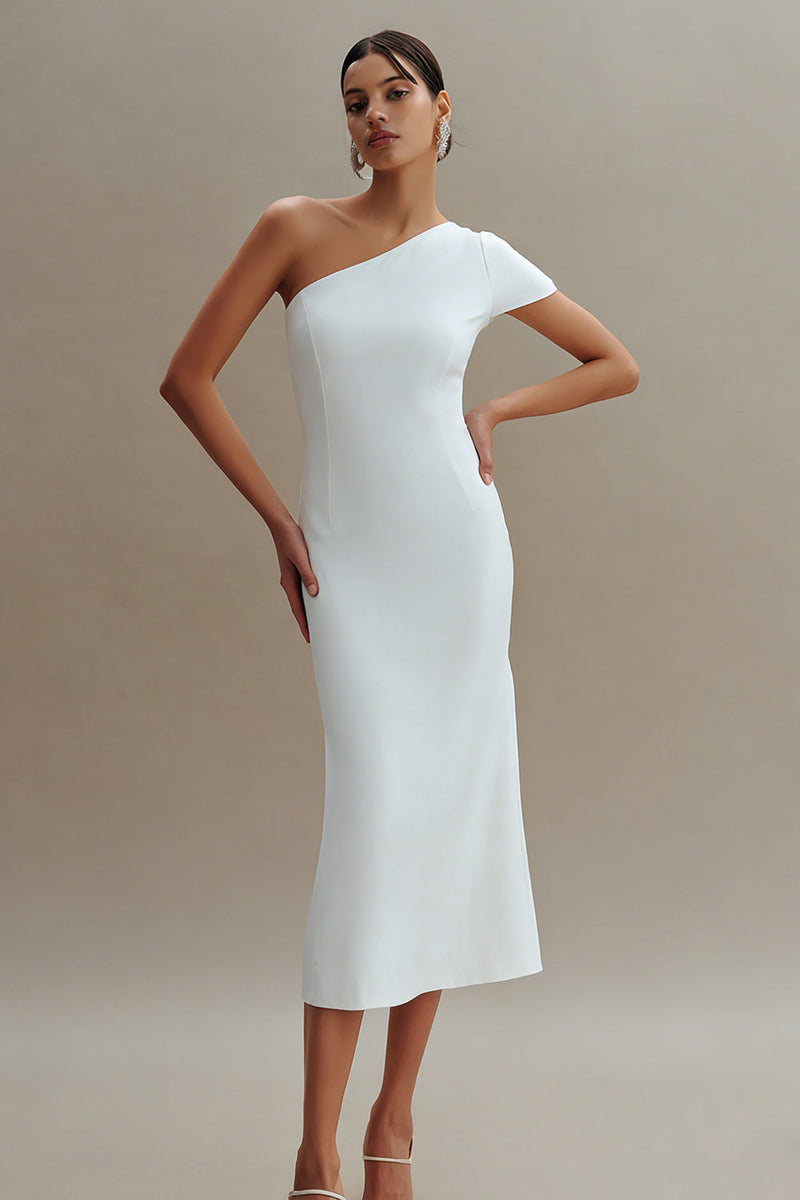 Load image into Gallery viewer, Simple White One Shoulder Midi Sheath Engagement Dress