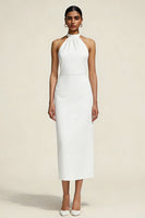 Load image into Gallery viewer, Simple White Satin Halter Midi Sheath Engagement Dress