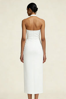Simple White Satin Halter Midi Sheath Engagement Dress