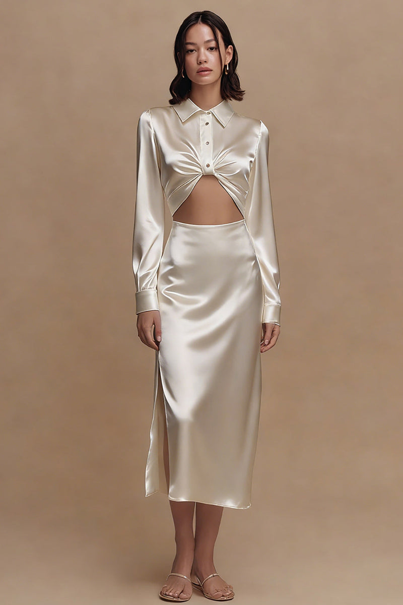Load image into Gallery viewer, Simple Ivory Sheath Collar Neck Satin Midi Engagement Dress