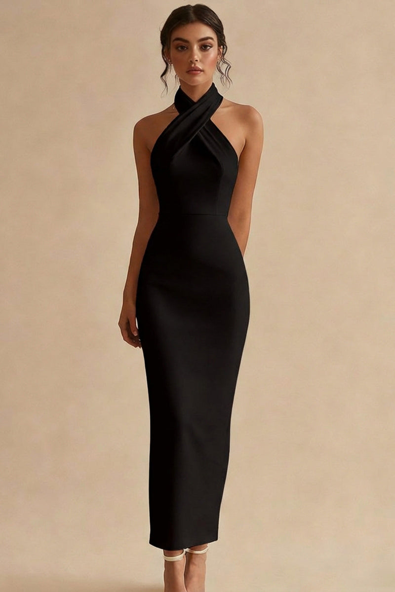 Load image into Gallery viewer, Simple Ivory Satin Bodycon Halter Maxi Engagement Dress