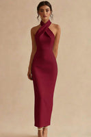 Load image into Gallery viewer, Simple Ivory Satin Bodycon Halter Maxi Engagement Dress