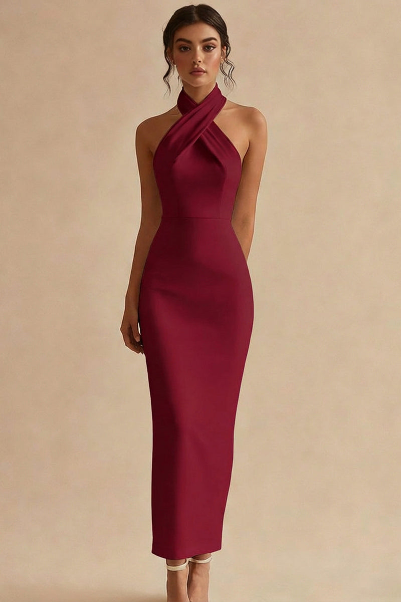 Load image into Gallery viewer, Simple Ivory Satin Bodycon Halter Maxi Engagement Dress