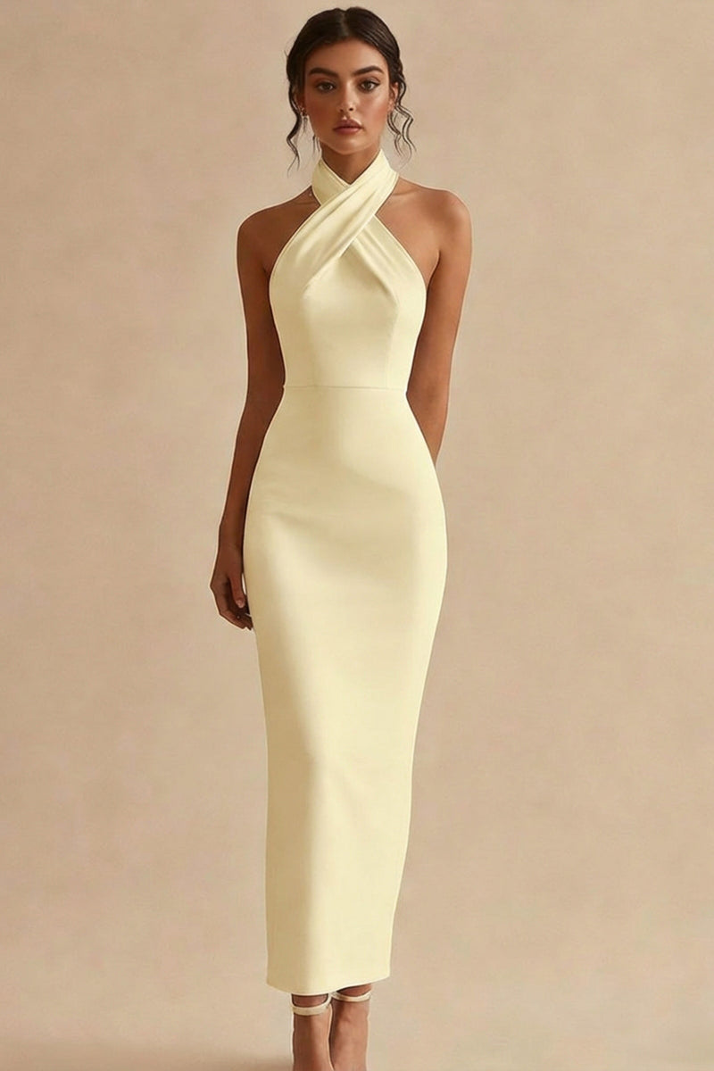 Load image into Gallery viewer, Simple Ivory Satin Bodycon Halter Maxi Engagement Dress