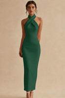 Load image into Gallery viewer, Simple Ivory Satin Bodycon Halter Maxi Engagement Dress