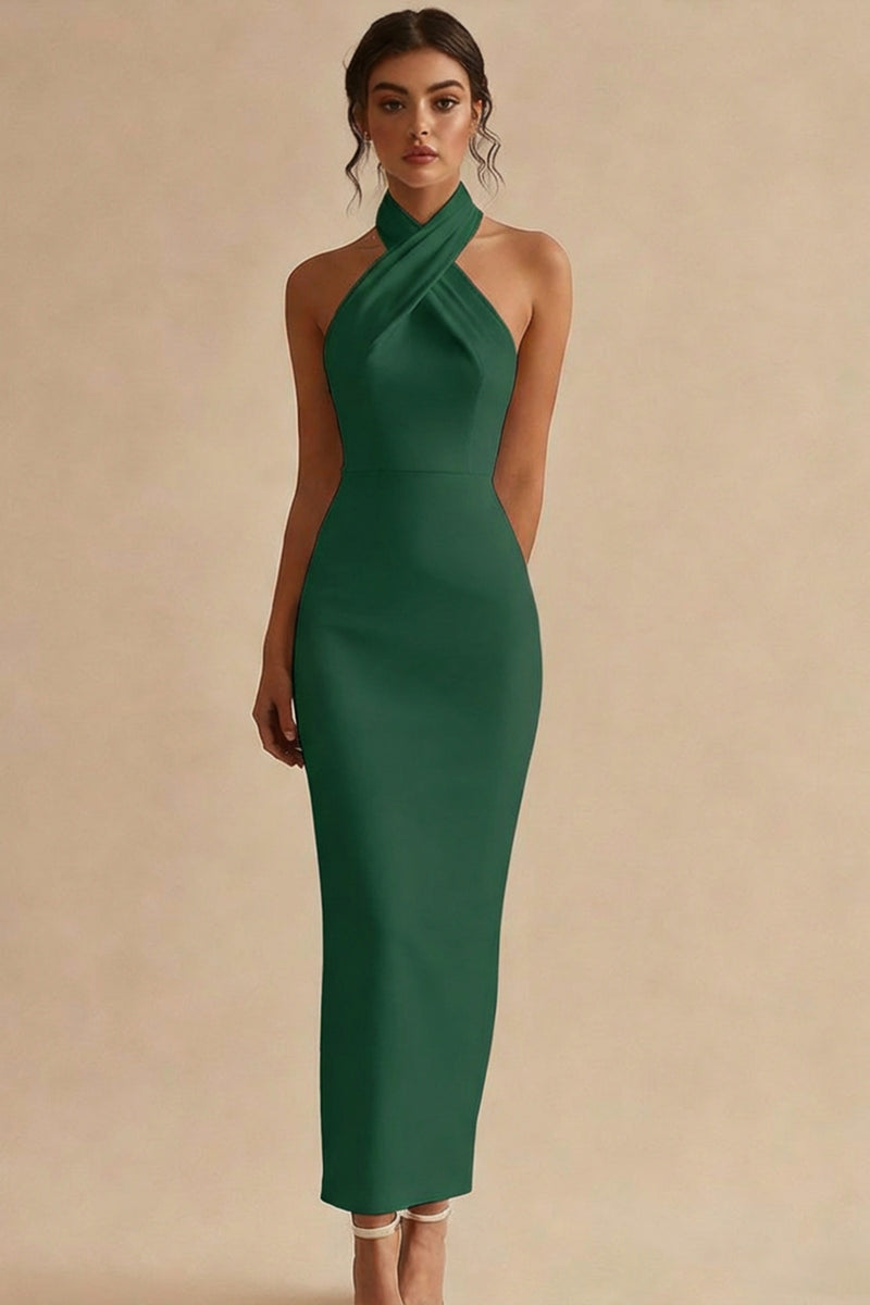 Load image into Gallery viewer, Simple Ivory Satin Bodycon Halter Maxi Engagement Dress