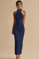 Load image into Gallery viewer, Simple Ivory Satin Bodycon Halter Maxi Engagement Dress