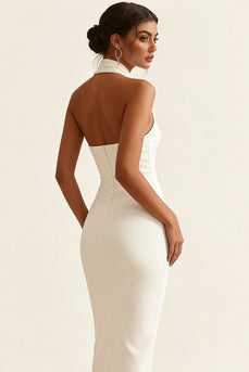 Simple Ivory Satin Bodycon Halter Maxi Engagement Dress