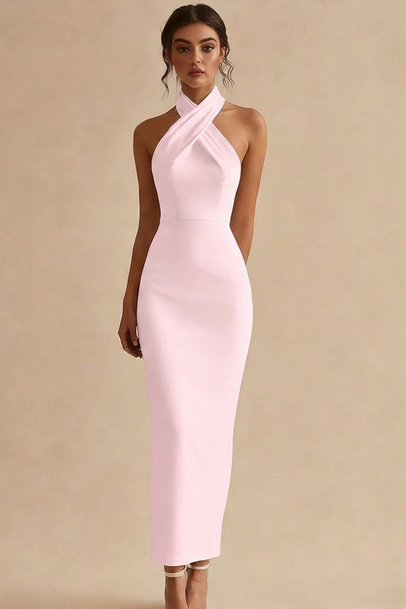 Load image into Gallery viewer, Simple Ivory Satin Bodycon Halter Maxi Engagement Dress