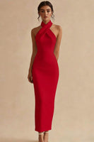 Load image into Gallery viewer, Simple Ivory Satin Bodycon Halter Maxi Engagement Dress