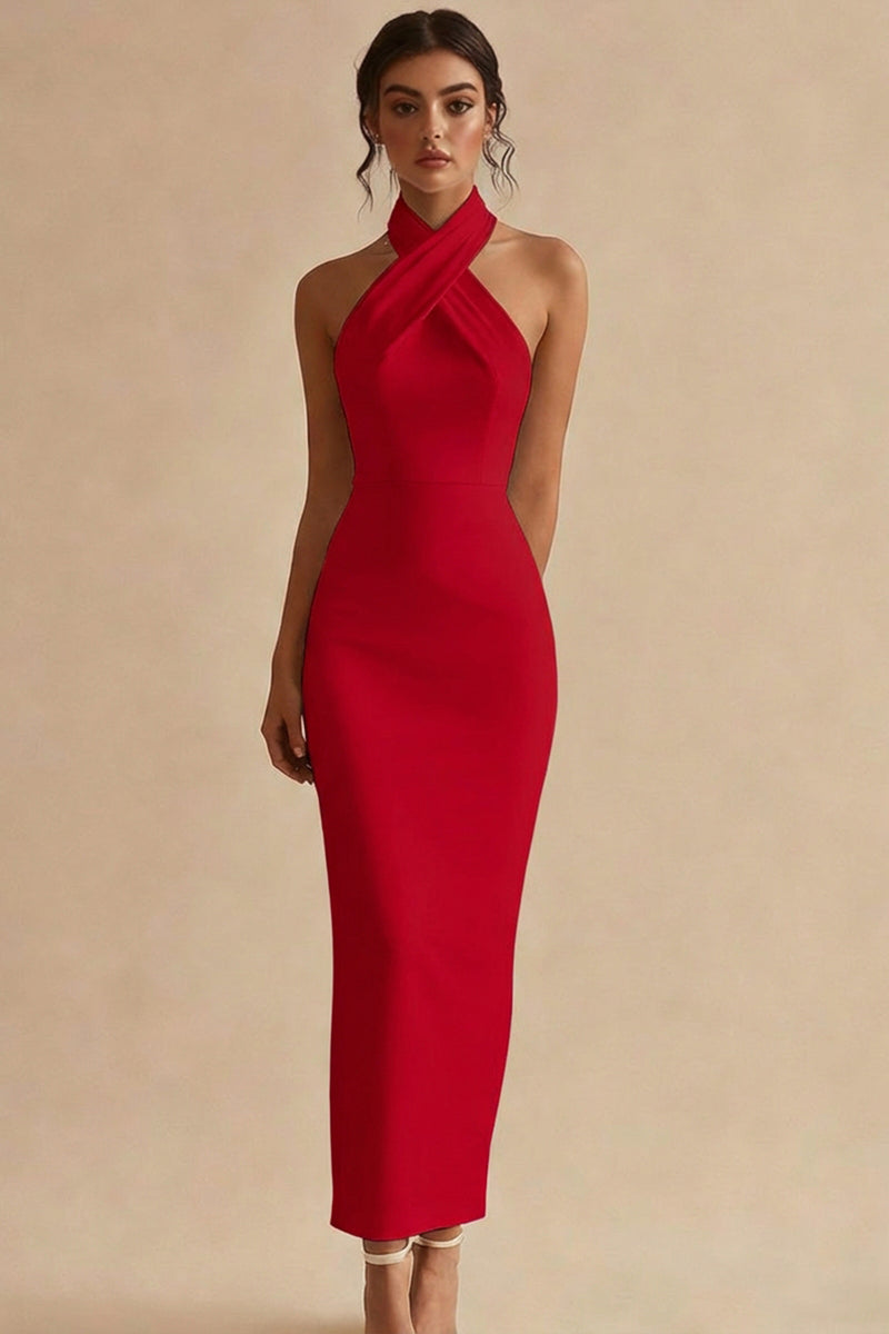 Load image into Gallery viewer, Simple Ivory Satin Bodycon Halter Maxi Engagement Dress