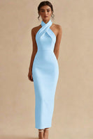 Load image into Gallery viewer, Simple Ivory Satin Bodycon Halter Maxi Engagement Dress