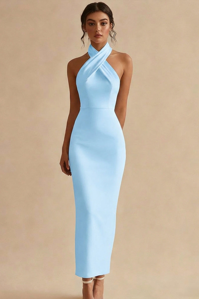 Load image into Gallery viewer, Simple Ivory Satin Bodycon Halter Maxi Engagement Dress