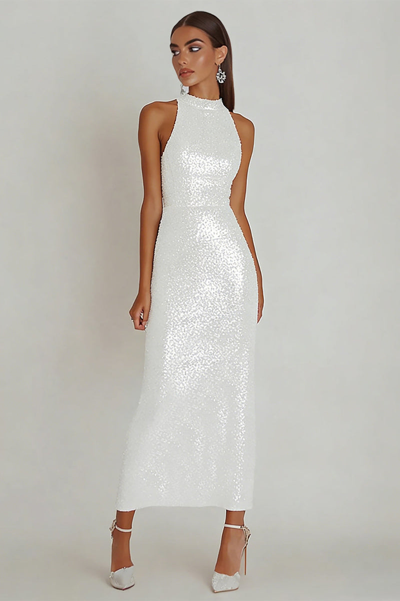 Load image into Gallery viewer, Sparkly White Sheath Sequin Maxi Engagement Dress