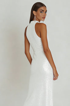 Sparkly White Sheath Sequin Maxi Engagement Dress