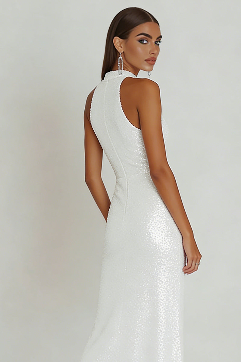 Load image into Gallery viewer, Sparkly White Sheath Sequin Maxi Engagement Dress