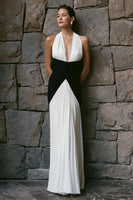 Load image into Gallery viewer, Black and White Sheath Chiffon Pleated Long Formal Dress
