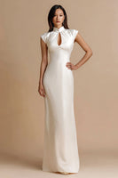 Load image into Gallery viewer, Ivory Satin Cap Sleeves Sheath Maxi Engagement Dress