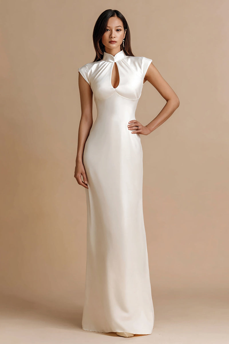 Load image into Gallery viewer, Ivory Satin Cap Sleeves Sheath Maxi Engagement Dress