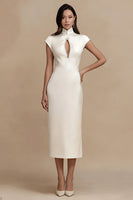 Load image into Gallery viewer, Sheath Ivory Cap Sleeves Satin Midi Engagement Dress