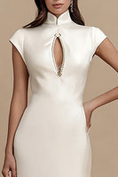 Load image into Gallery viewer, Sheath Ivory Cap Sleeves Satin Midi Engagement Dress