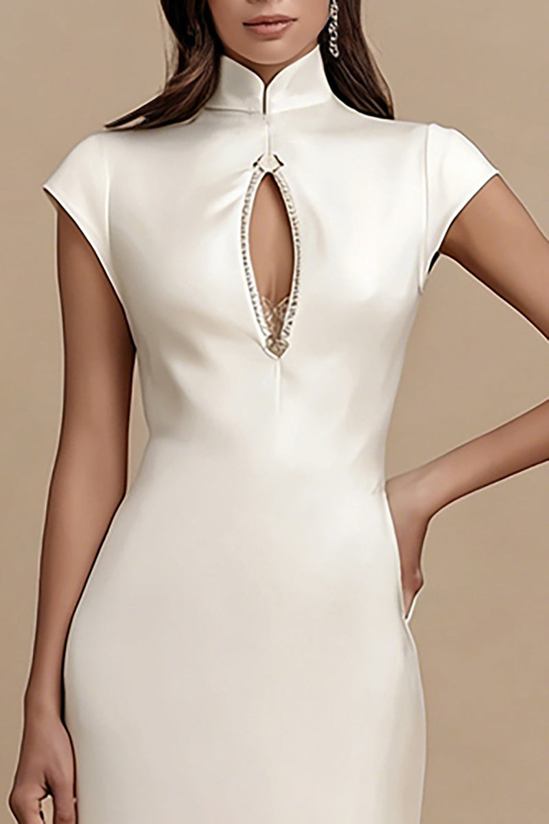 Load image into Gallery viewer, Sheath Ivory Cap Sleeves Satin Midi Engagement Dress