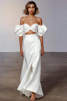 Load image into Gallery viewer, Sheath White Puff Sleeves Satin Long Engagement Dress