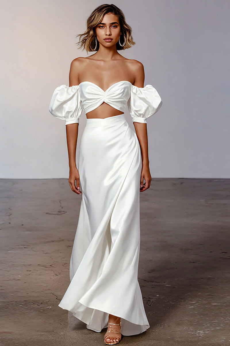 Load image into Gallery viewer, Sheath White Puff Sleeves Satin Long Engagement Dress