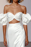 Load image into Gallery viewer, Sheath White Puff Sleeves Satin Long Engagement Dress