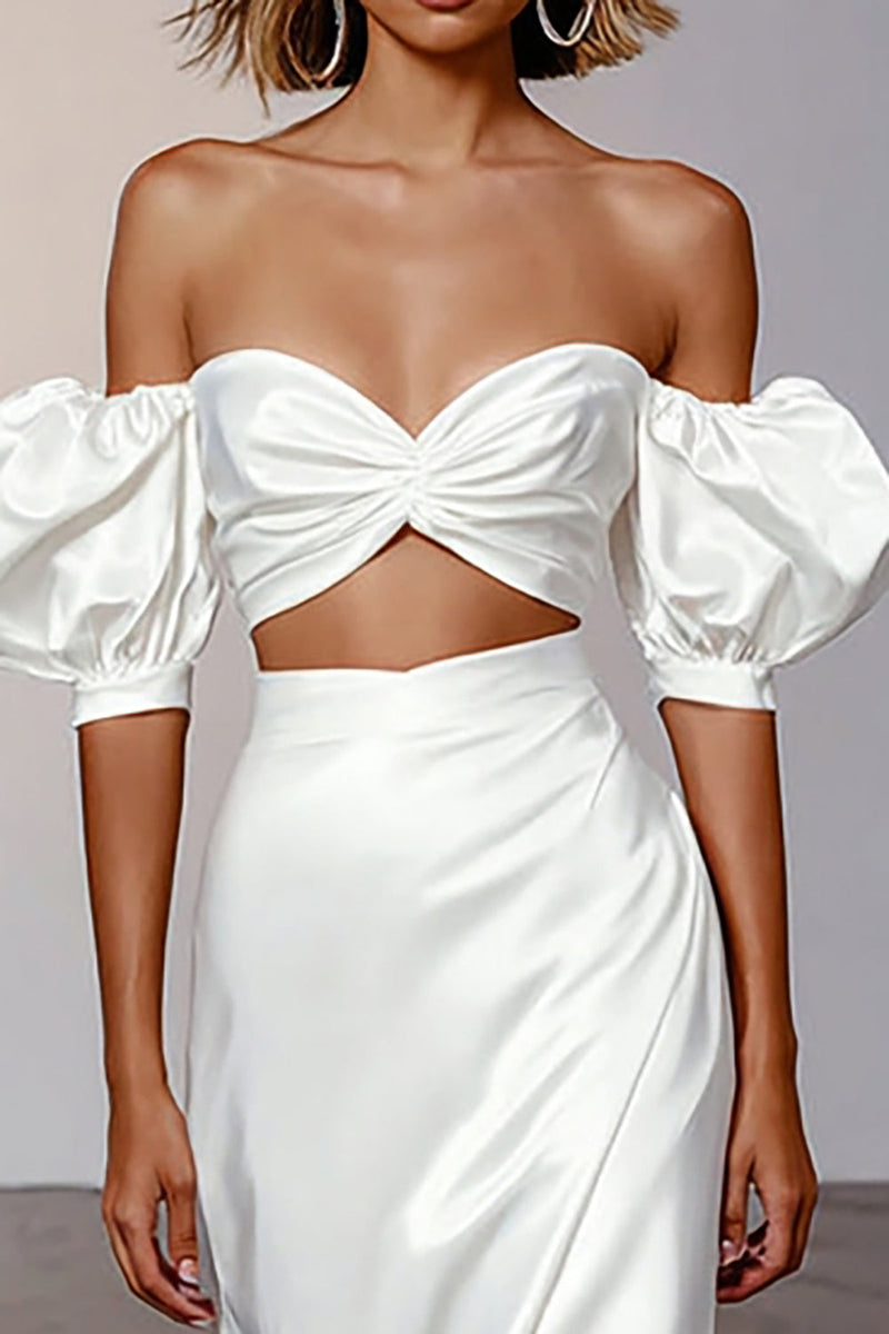 Load image into Gallery viewer, Sheath White Puff Sleeves Satin Long Engagement Dress