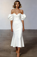 Load image into Gallery viewer, White Puff Sleeves Off the Shoulder Satin Midi Engagement Dress