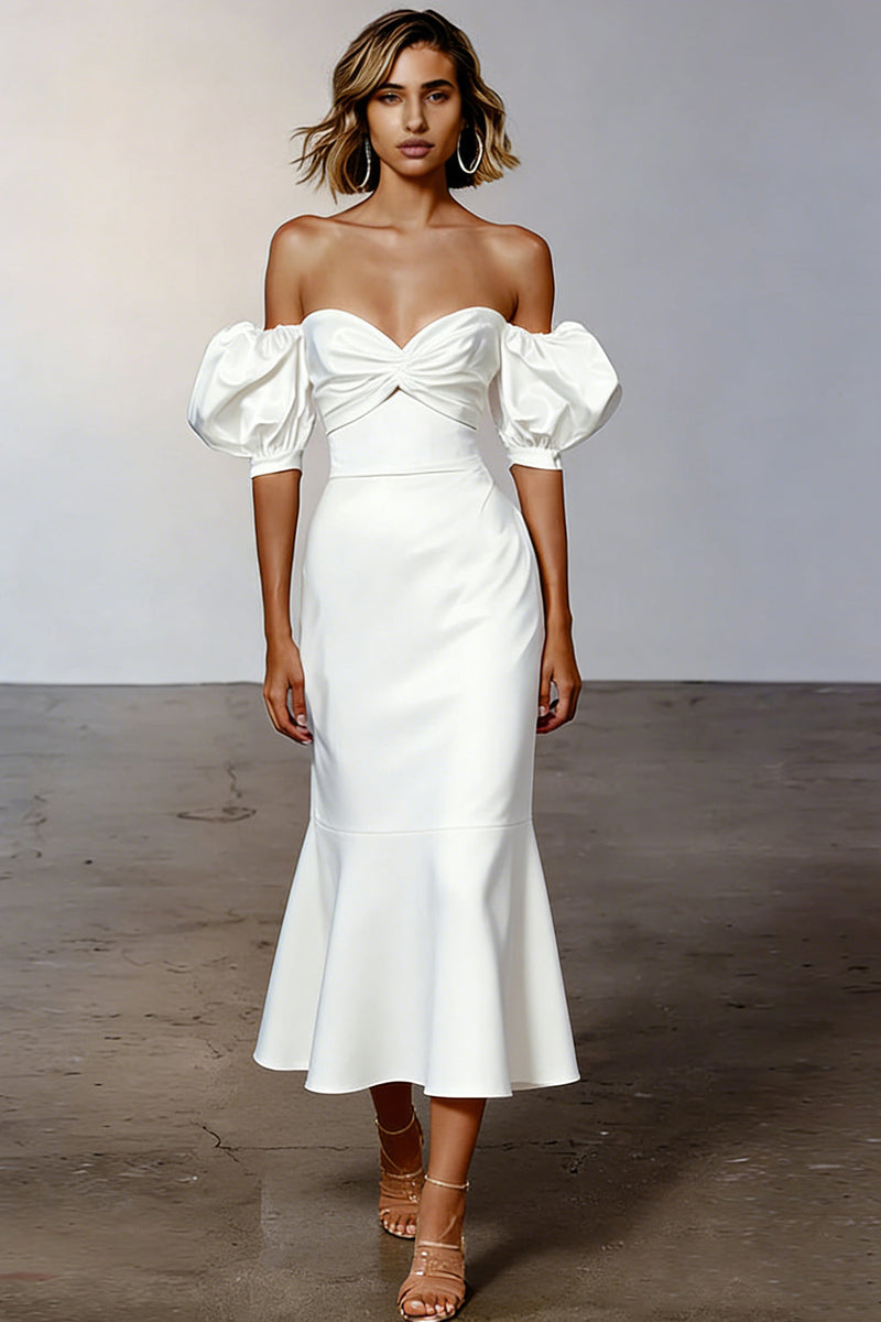 Load image into Gallery viewer, White Puff Sleeves Off the Shoulder Satin Midi Engagement Dress