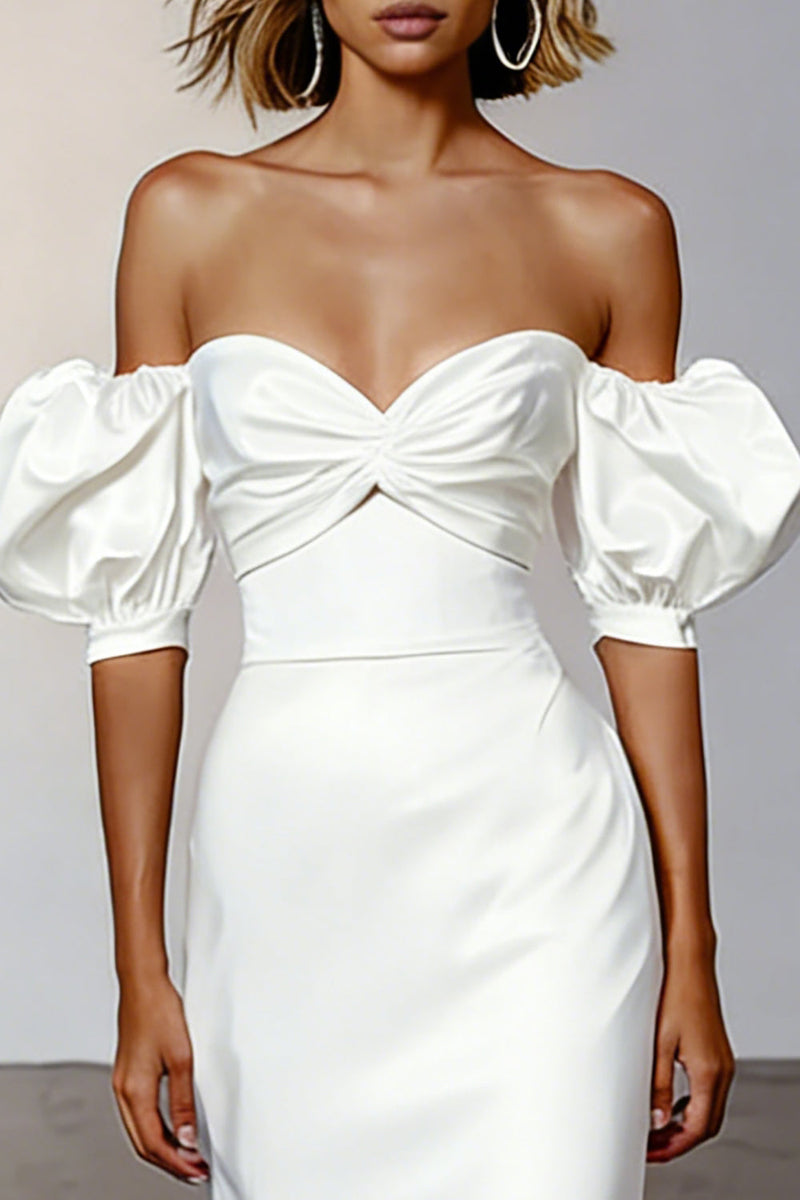 Load image into Gallery viewer, White Puff Sleeves Off the Shoulder Satin Midi Engagement Dress