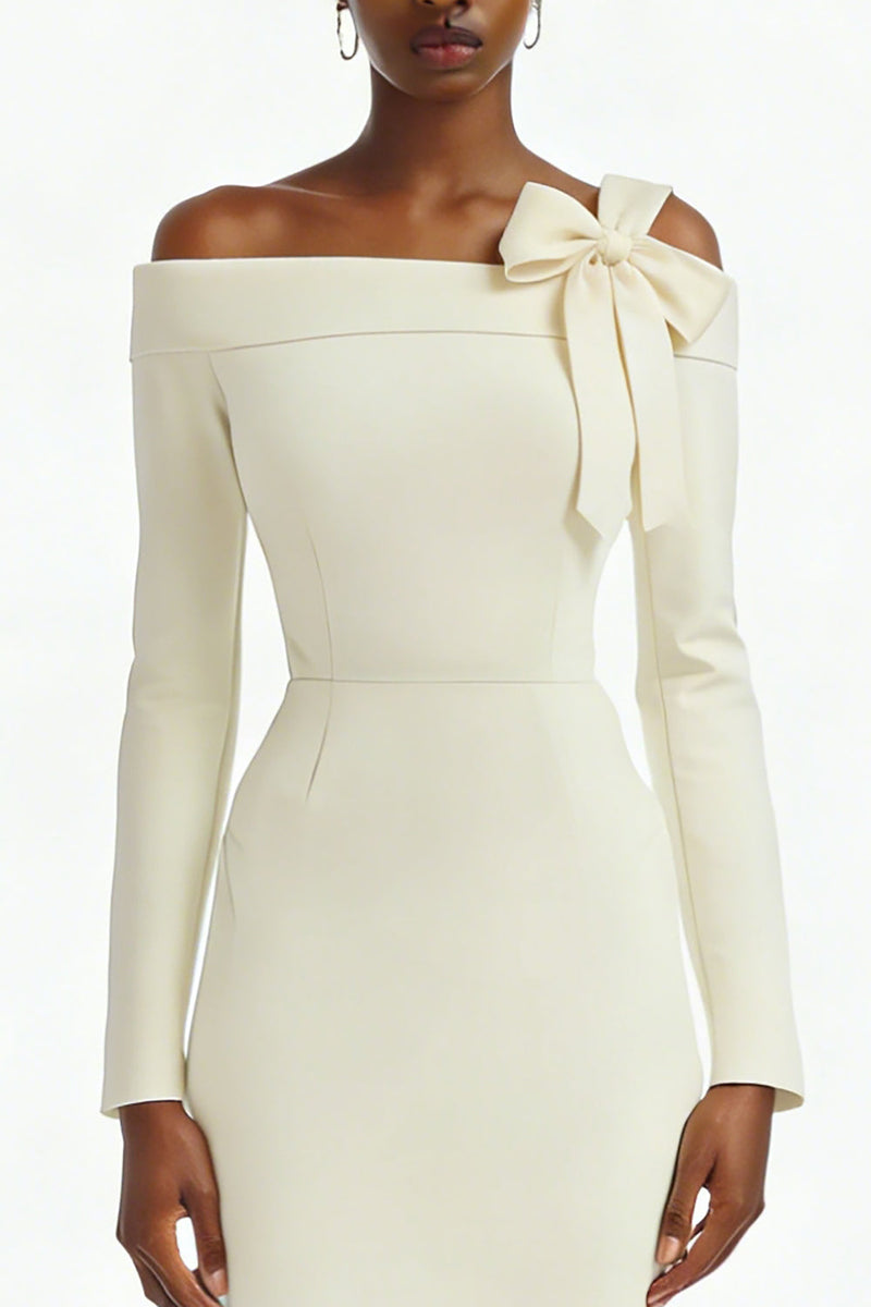 Load image into Gallery viewer, Ivory Off the Shoulder Bodycon Midi Engagement Dress with Slit