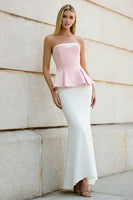 Load image into Gallery viewer, White and Pink Mermaid Strapless Long Formal Dress with Ruffles