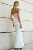 Load image into Gallery viewer, White and Pink Mermaid Strapless Long Formal Dress with Ruffles
