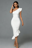 Load image into Gallery viewer, White One Shoulder Mermaid Midi Engagement Dress with Ruffles