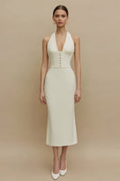Load image into Gallery viewer, Ivory Halter Sheath Midi Engagement Dress with Buttons