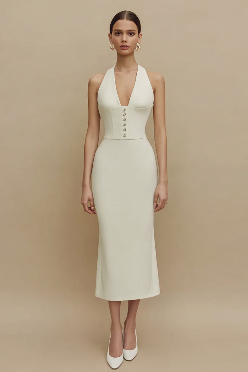Load image into Gallery viewer, Ivory Halter Sheath Midi Engagement Dress with Buttons