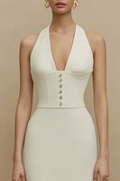 Load image into Gallery viewer, Ivory Halter Sheath Midi Engagement Dress with Buttons