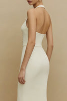 Load image into Gallery viewer, Ivory Halter Sheath Midi Engagement Dress with Buttons