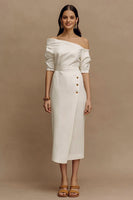 Load image into Gallery viewer, Ivory One Shoulder Sheath Midi Work Dress with Sleeves