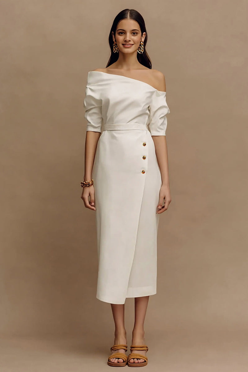 Load image into Gallery viewer, Ivory One Shoulder Sheath Midi Work Dress with Sleeves