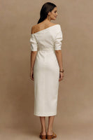 Load image into Gallery viewer, Ivory One Shoulder Sheath Midi Work Dress with Sleeves
