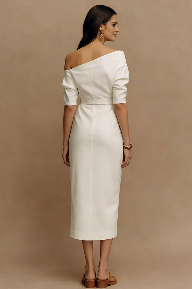 Load image into Gallery viewer, Ivory One Shoulder Sheath Midi Work Dress with Sleeves