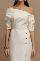 Load image into Gallery viewer, Ivory One Shoulder Sheath Midi Work Dress with Sleeves