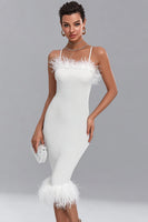 Load image into Gallery viewer, Satin White Bodycon Midi Engagement Dress with Feathers